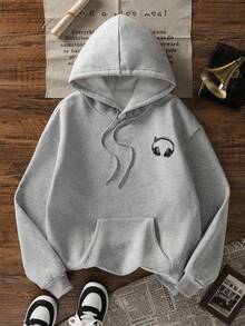 Áo nỉ có mũ trùm đầu in hình tai nghe phong cách tối giản mới cho nữ mùa thu/đông, thời trang và đa năng - Màu xám đậm - Xem 4