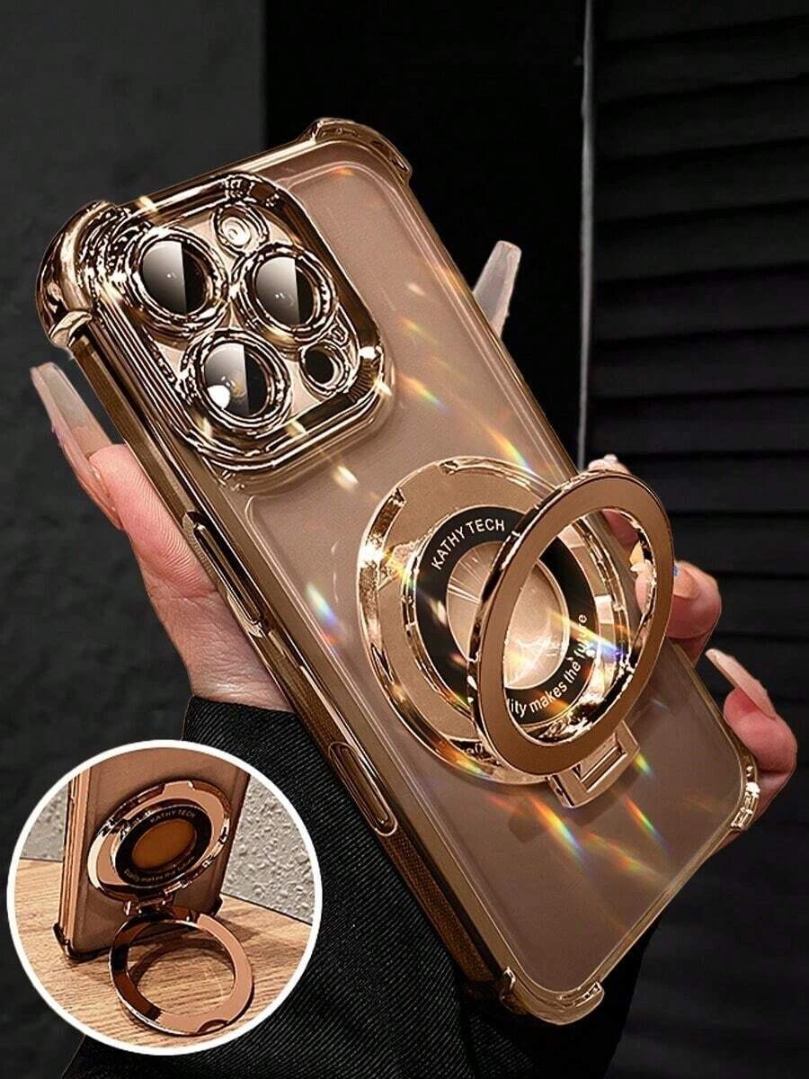 Luxury Electroplated Transparent Gold Phone Case With Ring Holder Magnetic Stand, Silicone Shock-Proof Soft Cover, Compatible With IPhone 16/16E/16 Pro/16 Pro Max/16 Plus/15/14/13/12/11/X/XS/XR/8/7, Galaxy S25/S24/S23/S22/S21/A55/A54/A53/A52/A35/A34/A23/A16/A15/A14/A13/A12/A05S/FE/Ultra/4G/5G, Redmi, Honor, MOTO, OPPO, Infinix, Etc. Waterproof, Anti-Fall, Anti-Scratch. - Gold - View 1