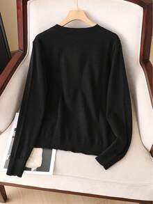 GIGOGOU 女士薄款保暖休闲毛衣上衣，柔软舒适，简约时尚，秋季服装，黑色 - 黑色 - 查看 3