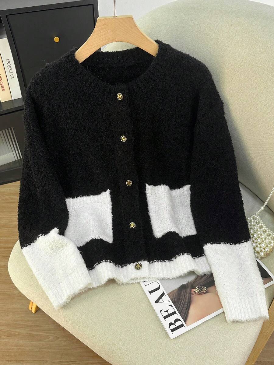 Contrast Color Casual Circular Mesh Cardigan For Women, Contrast Color Patchwork Front Button Pocket Ribbed