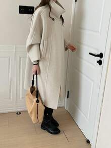 Fashionable Women's Long Double-Faced Wool Coat Long Sleeve Waterfall Neckline Drop Shoulder Design With Functional Buttons And Pockets Regular Fit Overcoat. - Beige - View 5