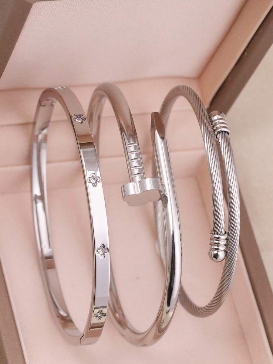 3 件时尚不锈钢高品质花朵锆石女士手镯指甲手链首饰套装,适合日常佩戴 - 銀色 - 查看 1