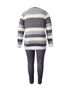 Plus Size Striped Long Sleeve Top And Solid Color Pants Set - Casual Polyester Blend With Pocket Detail, Medium Stretch Fabric, Round Neck Women'S Plus Size Outfit