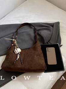 1pc Low Tea Solid Color Suede Fabric Shoulder Bag, Women's Vintage Casual Large Capacity One Shoulder Messenger Bag, Double Handle Design, Zipper Closure, Pleated Design, Magnetic Snap Closure, Suitable For Daily Shopping (Sold With Pendant) - Coffee - View 4