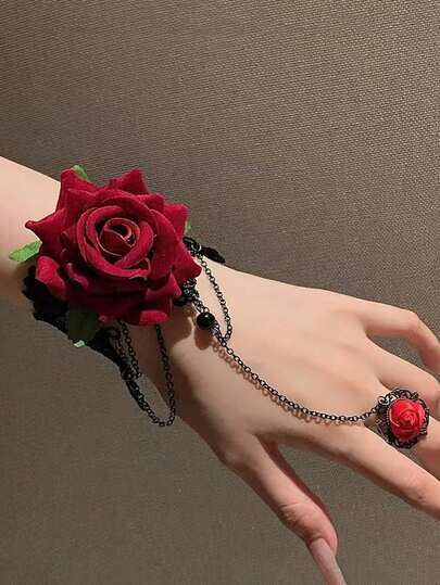 Retro Gothic Punk Fashion Wine Red Floral Lace Bracelet, Red Rose Ring, All-In-One Wristband Bracelet