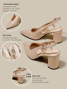 女士杏色漆皮尖头单带粗跟高跟鞋，优雅尖头正式高跟鞋，时尚露跟高跟鞋
