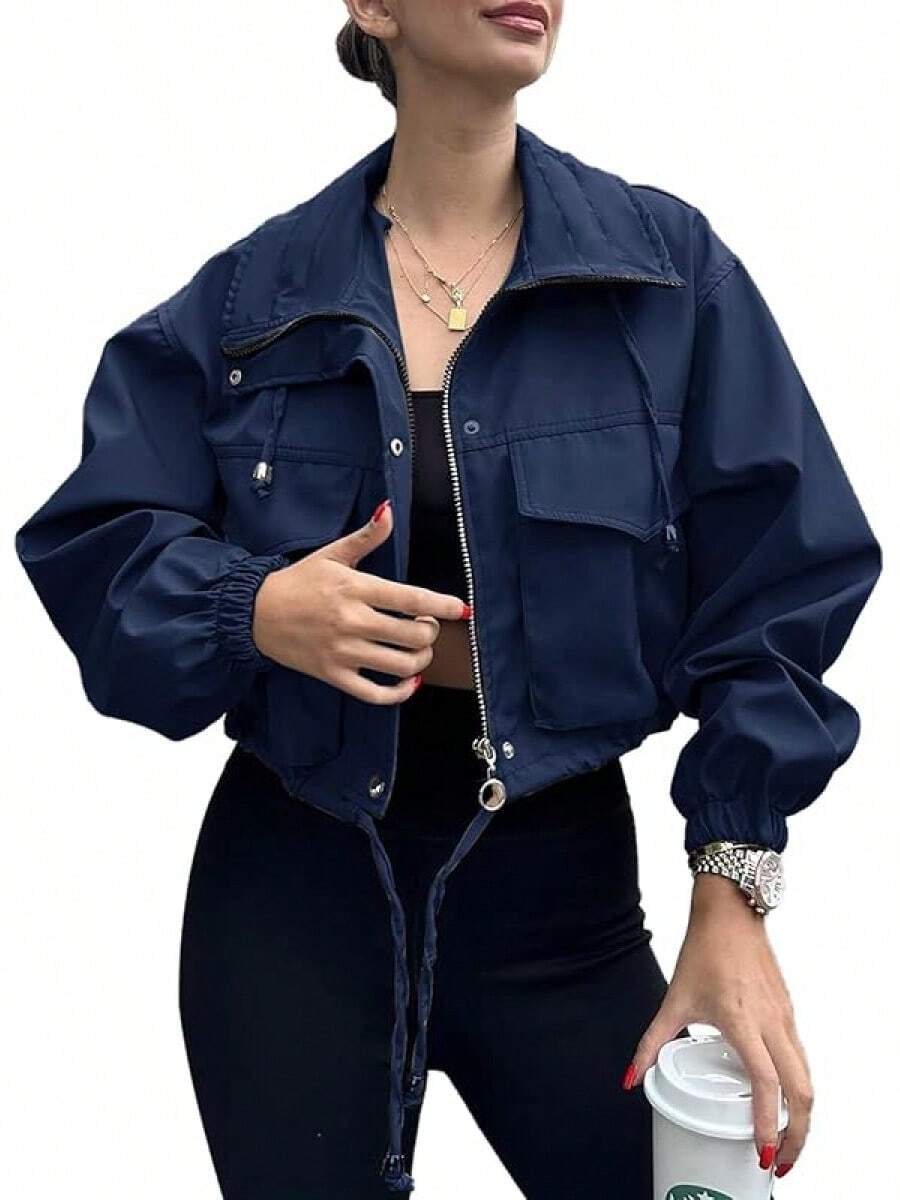 Womens Cropped Zip Up Lightweight Oversized Utility Anorak Coat With Pockets, Style EBU0 - Navy - 查看 1