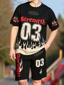 2 Stücke/Set Sommer Outfit für Teenager Jungen mit Kurzarm Top mit Flammen- & Buchstabenprint und Shorts, sportlicher Street-Style