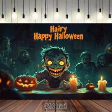 2D Flat, 1 Piece Halloween Party Backdrop With Pumpkin, Candle And Smiling Zombie Design - Scary 2D Flat Decor, Suitable For Indoor Celebration, No Electricity Required, Polyester Material, Halloween Decoration, Halloween Party Decor, Holiday Tabletop Arrangement, 2D Flat