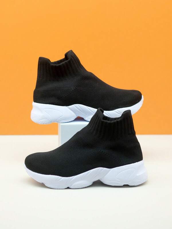 Kids' All Black High Top Casual Sports Shoes, Knit Slip-On Sneakers, Lightweight Comfortable Wear