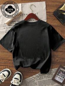 Boys' Cotton T-Shirt, Casual Printed Round Neck Short Sleeved T-Shirt, Student School Children's Clothing, Teenage Student Children's Clothing, Prepare Comfortable T-Shirts For Boys - 黑色 - 查看 2