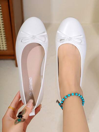 OFFWIND Women's Elegant White Ballet Flats, New Spring/Summer Style, Versatile Low-Top Comfortable Soft Lightweight Shoes With Bow Decor, Easy Slip-On, Suitable For Work
