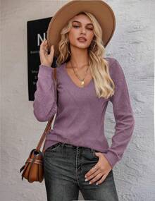 Womens Sweaters Fall 2025 Long Sleeve Knit Pullover V Neck Lightweight Crochet Sweater Tops Dressy Casual Halloween Christmas New Year - 紫色 - 查看 3