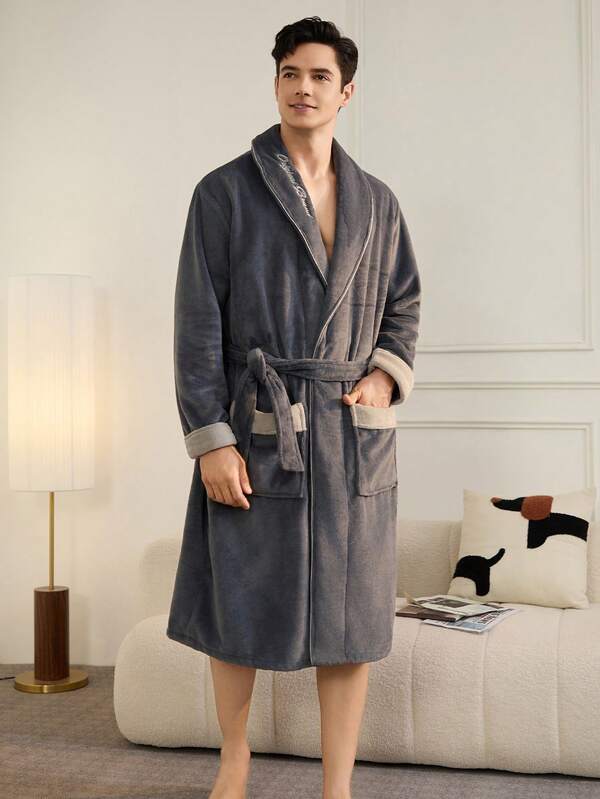 Men's Flannel Shawl Collar Long Fluffy Robe With Pockets & Waist Tie, Embroidered Letter Design, Winter, Fall