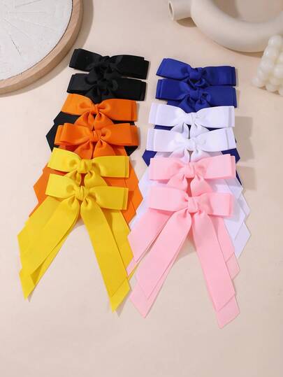 2pcs/12pcs Women's Elegant Textured Ribbon Double Bow Hair Clips, Suitable For Daily Wear, Spring/Summer, Vacation Decoration, Available In Yellow, Pink, White, Blue, Orange, Black