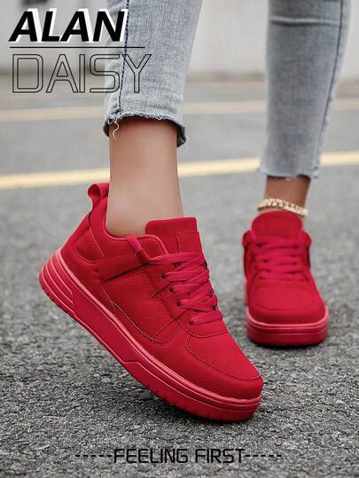 女士简约红色前系带休闲平底运动鞋，轻便户外步行鞋，适合日常、学生运动