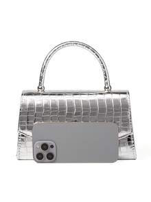 1pc Silver Crocodile Embossed PU Leather Women's Evening Bag, Decorated With Metal Beads, Suitable For Weddings, Parties, Galas And Other Occasions As Handbag/Shoulder Bag/Crossbody Bag - Silver - View 5