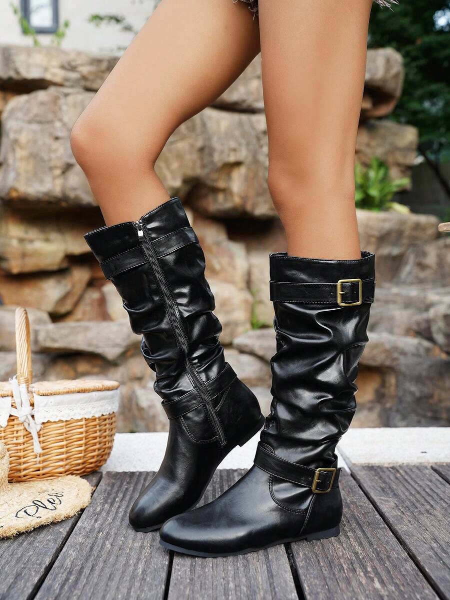 Women's Pleated Buckle Vintage Knight Metal Buckle Casual/Daily Brown/Black Synthetic Leather Tall Boots, Snug Fit On Calves, Stable Walking, Comfortable And Stylish, Suitable For Beach, Party, Daily, Commute, Wedding, Vacation, Outdoor Activities - Black - View 1