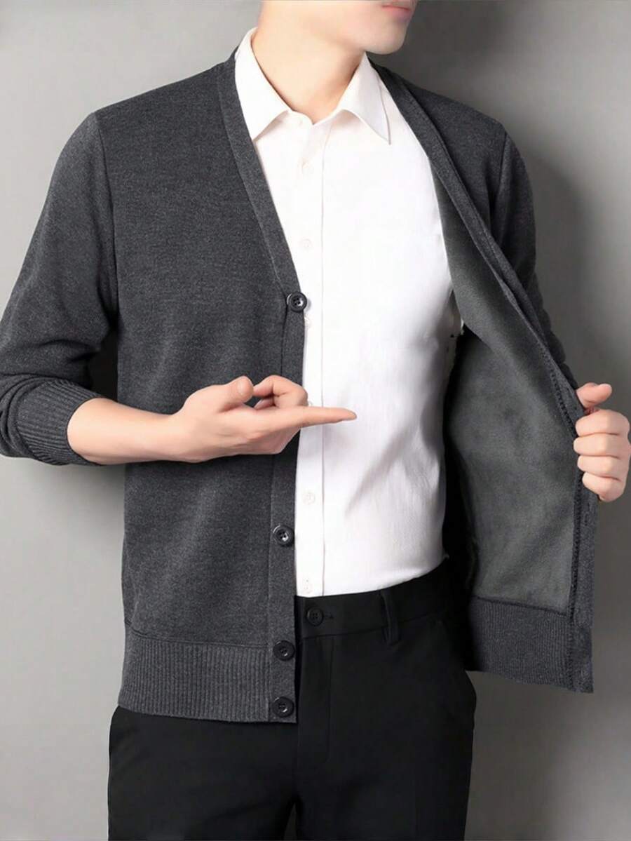 Chaqueta de punto con cuello en V casual de otoño/invierno con forro térmico para niños adolescentes, de moda y minimalista