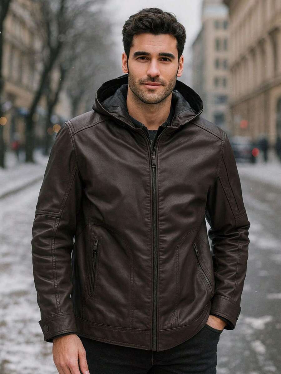 Men's Winter Urban Style Jacket, Jacket With Removable Hood, Faux Leather Jacket, Men's Lined Jacket, Casual Jacket, Zipper Front, Jacket With Pockets, Windproof Jacket, Men's Clothing For Cold Weather, Elegant Men's Jacket, Jacket With Modern Finish, Versatile Jacket For Everyday Life, Men's Mid-Season Jacket, Winter Travel Jacket, Jacket With High Collar, Casual Men's Jacket With A Soft Touch, Comfortable Jacket For Outings, Practical Jacket With Zipper Closure, Motorcycle Jacket, Jacket With A Fitted Fit, Modern Jacket For Urban Looks, Warm Jacket With Functional Pockets, Men's Jacket For Everyday Use, Jacket With Hood And Zipper, Jacket With Contemporary Design, Jacket For Combinations With Jeans Or Black Pants, Jacket For Cold Days, Modern Men's Jacket, Jacket With Classic Style, Resistant And Durable Jacket - 咖啡棕 - 查看 1