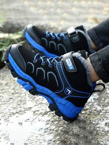 1 双儿童高帮雪地靴，保暖内衬加厚保暖户外靴，狼牙扣防滑登山鞋，男童女童冬季鞋 - 黑藍色 - 查看 8