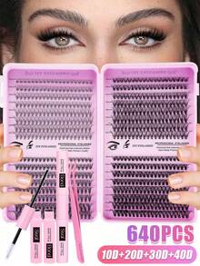 640/608 Stücke Wimpernverlängerungs-Set, DIY Wimpernverlängerungs-Set mit einzelnen Wimpern-Clustern, D-Krümmung, Wimpern-Cluster mit Wimpern-Kleber, Wimpern-Entferner und Versiegelung sowie Wimpern-Applikator-Pinsel für Anwendung zu Hause (10D-20D-30D-40D-50-60D-80D-100D-120D)
