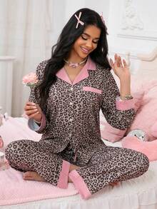 3pcs Set, Leopard Print, Versatile Styling Top & Shorts & Pants, Comfortable & Easy To Wear, Spring/Autumn, Fall Clothes - Camel - View 1