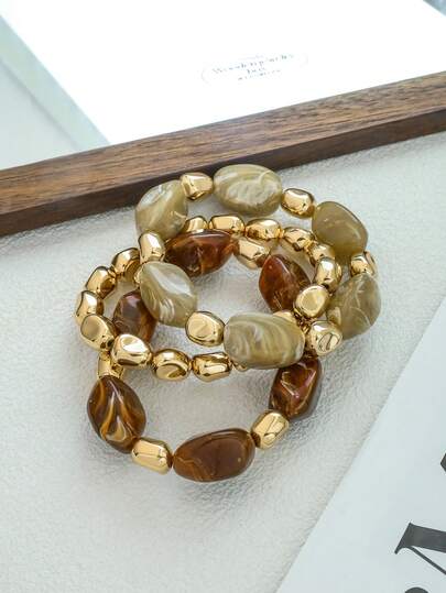 3pcs/Set Fashionable Retro Exaggerated Bohemian, Thick Multi-Layer Acrylic Beaded Bracelet For Women, Couples, Party, Daily Wear, Luxury High-End