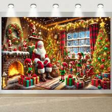 1pc 2D Christmas Santa Claus & Elf Workshop, Christmas Background, Holiday Photo Backdrop, Suitable For Family Portrait, Teen Party And Party Decoration - Multicolor - View 2