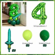 40 Inch Green Pixel Miner Themed Balloon Set, Diamond Sword Aluminum Film Balloon Jungle Game Event, Birthday Party Decoration