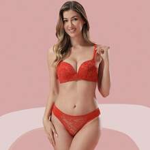 Z&D Lingerie Set Without Underwire Lace Detail Panties Lace Front Thong 8097 - 紅色 - 查看 1