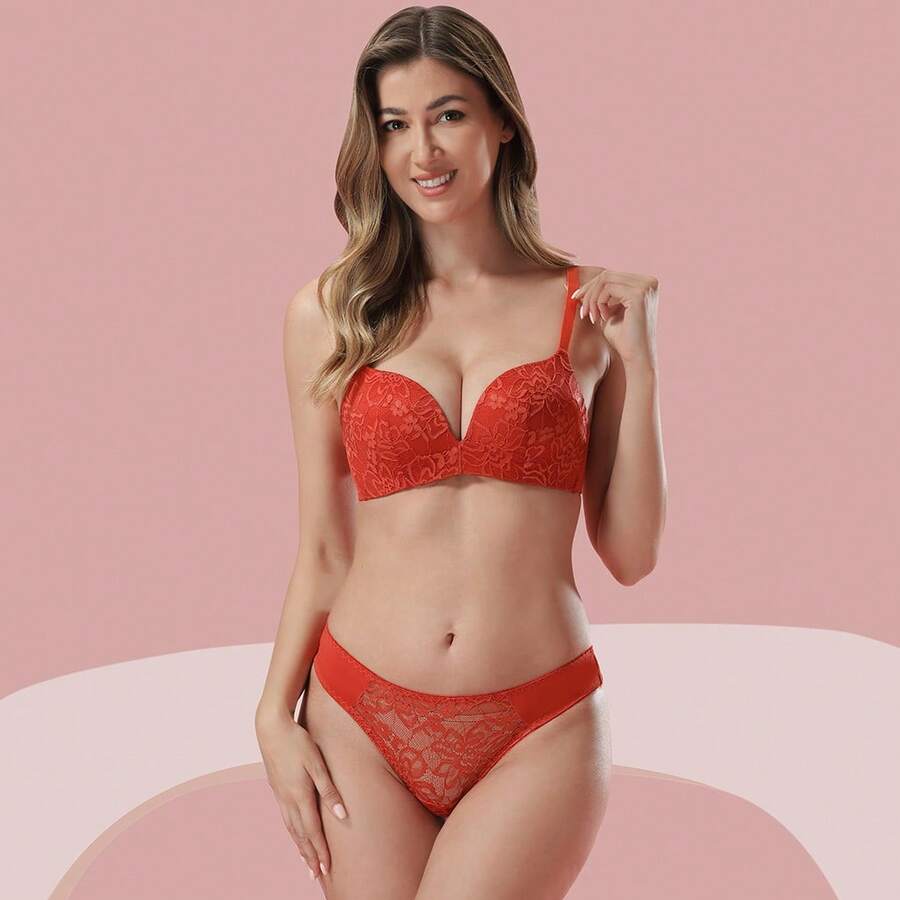 Z&D Lingerie Set Without Underwire Lace Detail Panties Lace Front Thong 8097 - 紅色 - 查看 1