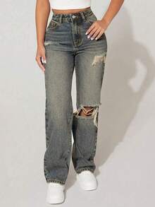 Teen Girl Vintage Distressed Straight Leg Blue Jeans - Medium Wash - View 3