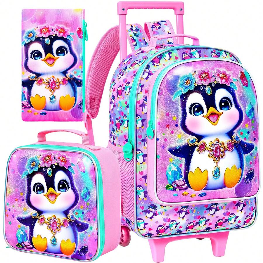 3PCS Penguin Rolling Backpack For Girls, Kids School Backpacks With Wheels, UV Printed Roller Wheeled Bookbag Set With Lunch Box