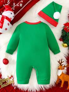 2pcs/Set Baby Boy Christmas Cartoon Infant Jumpsuit + Santa Hat, Autumn/Winter