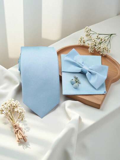 4pcs Men's Business Fashion Versatile Solid Color Polyester Tie & Bowtie & Pocket Square & Cufflinks Combo Set, Suitable For Wedding & Everyday Wear