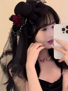 1pc Vintage Bridal Tea Party Headpiece - Floral Lace Veil With Red Rose Accents, Korean/Japanese Style Wedding Photography Parade Accessory, Hand Wash Only Polyester Hair Decor Halloween