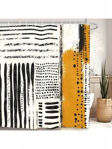 Abstract Geometric Neutral Bathroom Shower Curtain With Hooks, Minimalist Modern Tan Contemporary Striped Bathroom Decor Waterproof - 芥末黃黑色 - 查看 1