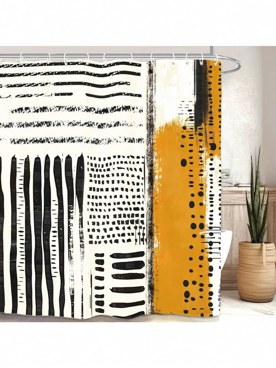 Abstract Geometric Neutral Bathroom Shower Curtain With Hooks, Minimalist Modern Tan Contemporary Striped Bathroom Decor Waterproof - 芥末黃黑色 - 查看 1