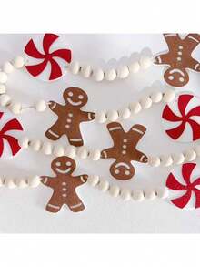 55 Pieces/Set Christmas Gingerbread Man Banner, Gingerbread Man Candy Wooden Bead Garland, Christmas Gingerbread Man Decoration Banner, Fireplace Christmas Decoration Garland, Suitable For Hanging In Courtyards, Gardens, And Pull Flags For Christmas And New Year Parties.