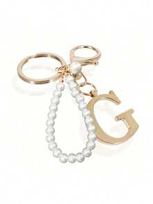 高级优雅金色珍珠字母钥匙扣，字母A-Z立体吊坠，优雅珍珠链闪钻（可根据个人喜好拆卸）时尚合金钥匙扣圈，耳机挂件，背包吊饰汽车钥匙扣 - 金色 - 查看 18