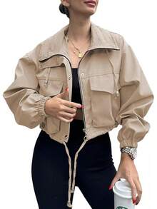 Womens Cropped Zip Up Lightweight Oversized Utility Anorak Coat With Pockets, Style EBU0 - Khaki - View 1