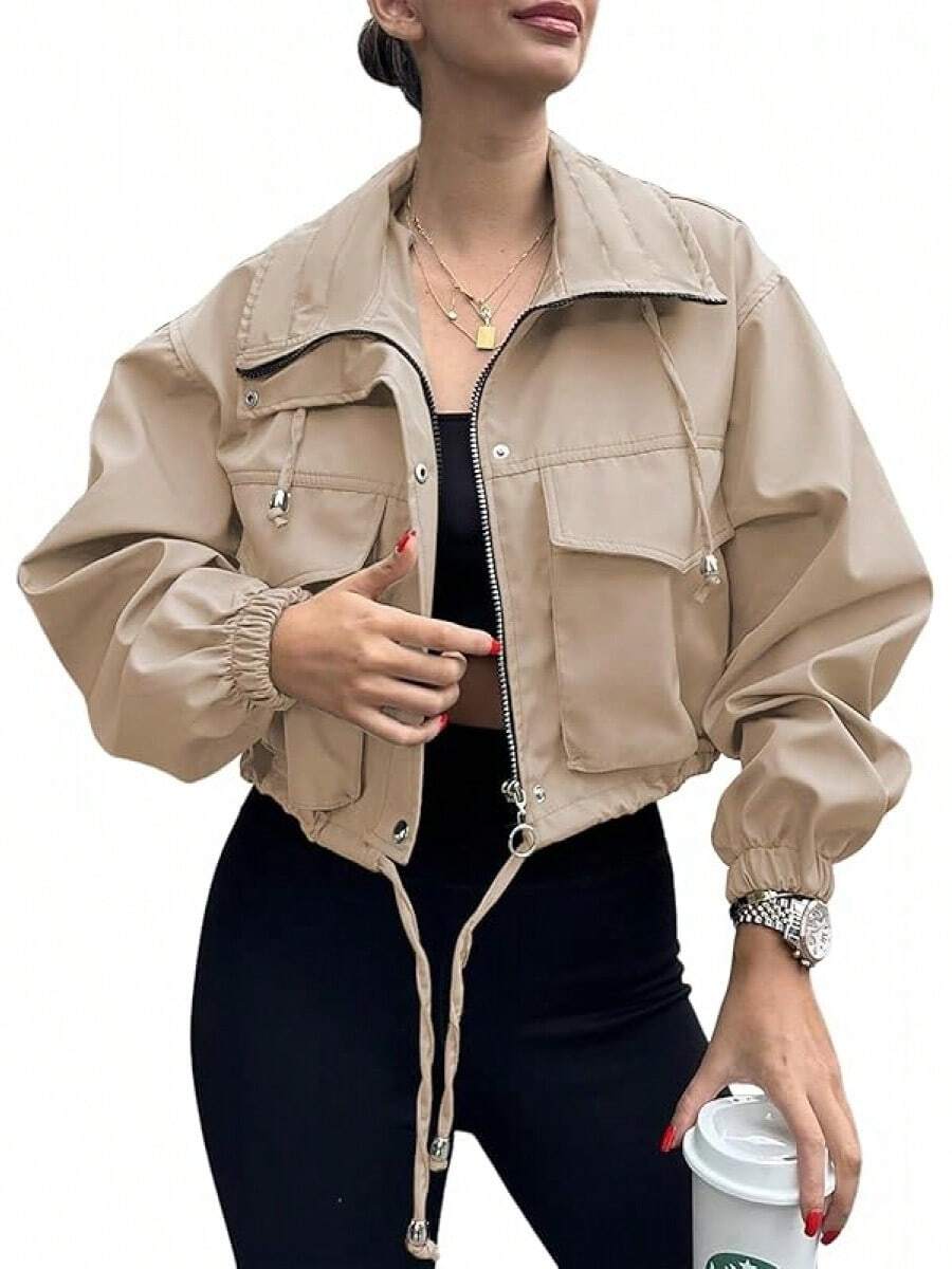 Womens Cropped Zip Up Lightweight Oversized Utility Anorak Coat With Pockets, Style EBU0 - Khaki - View 1