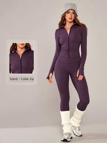 NcmRyu 1套女士修身纯色立领拉链健身跑步健身瑜伽户外运动套装