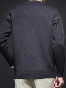 男士厚圆领毛衣，商务休闲提花针织长袖上衣，适合分层穿着或外套，格子和条纹图案，秋冬