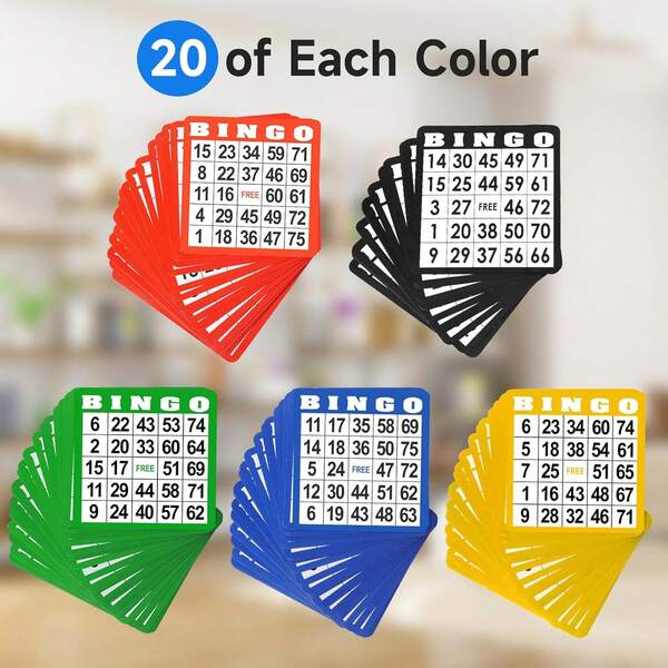 100-Pack Multi-Color Bingo Game Cards With Easy Read Numbers, Reusable Paper Bingo Sheets For Large Groups, Family/Friend Parties