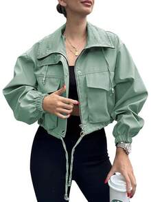 Womens Cropped Zip Up Lightweight Oversized Utility Anorak Coat With Pockets, Style EBU0 - 綠色 - 查看 1