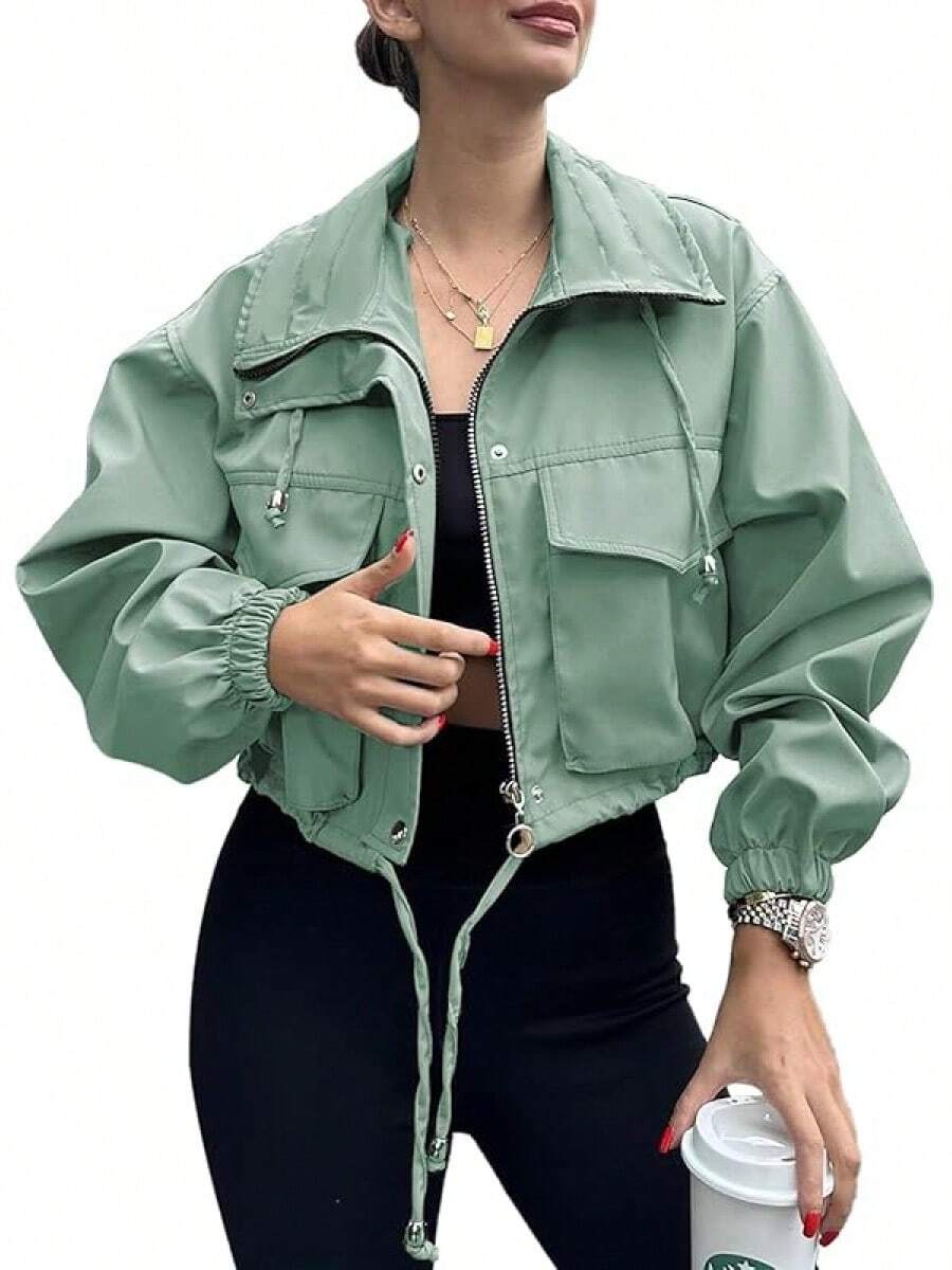 Womens Cropped Zip Up Lightweight Oversized Utility Anorak Coat With Pockets, Style EBU0 - 綠色 - 查看 1