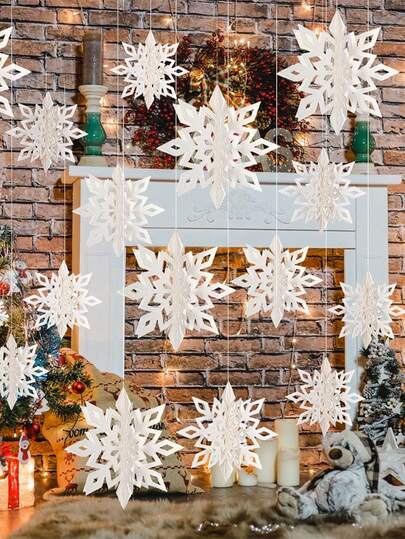 6pcs/Set Christmas Hanging Snowflake Decorations, Snowflake Wreath And 3D Glitter Large White Snowflakes, Suitable For Christmas, Winter Wonderland, Holiday, New Year Party, Home Decor