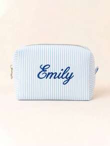 Customized Text & Striped Travel Toiletry Bag - Personalized Zipper Cosmetic Organizer Pouch, Portable Polyester Storage Box, Suitable For Travel, School, Dorm Or Home - Perfect Gift For Mom And Wife, School Essential Organizer, Waffle Material + Exclusive Name Embroidery, Christmas, Valentine's Day Gift, Makeup Brush Holder, Makeup Mirror Makeup Brush Lipstick Organizer, Portable For Business Trip And Travel. Suitable For Storing Cosmetics, Stationery, Car Accessories Christmas Beauty Accessories